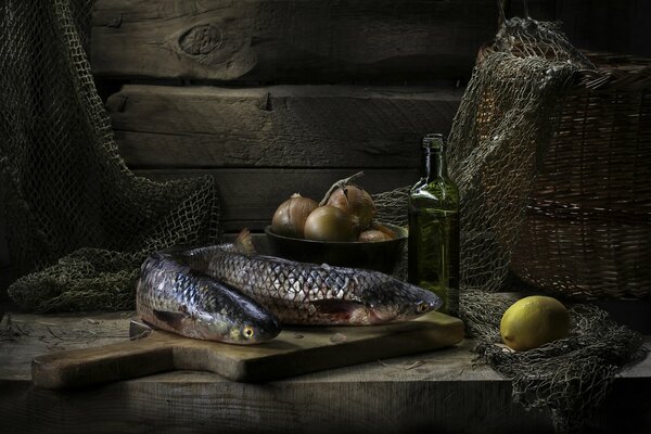 Fresh fish on a wooden board