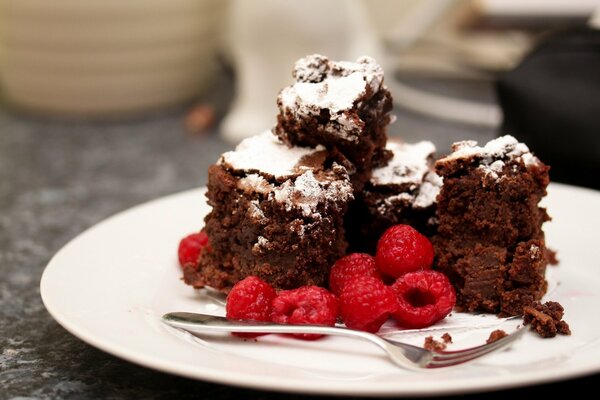 Postre de pastel de chocolate en polvo