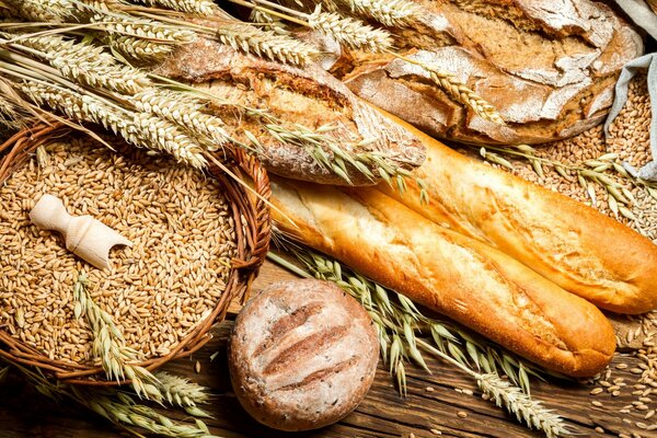 Diferentes tipos de pan. Granos de trigo en bolsas