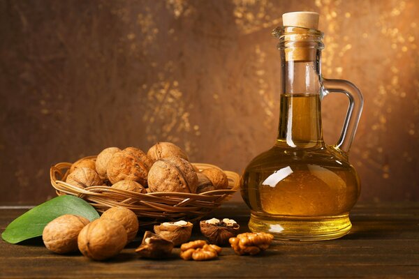 Walnut oil in a transparent bottle