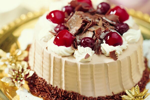 Festlicher Cremekuchen mit Schokolade und Kirschen