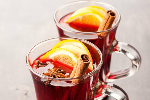 Hot delicious mulled wine with lemon