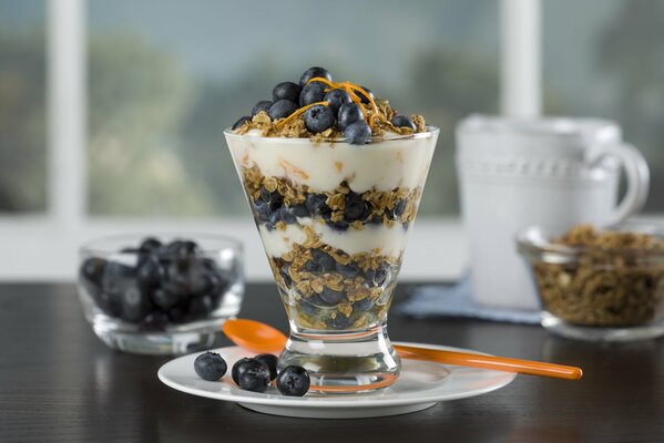 Layered dessert with blueberries and muesli