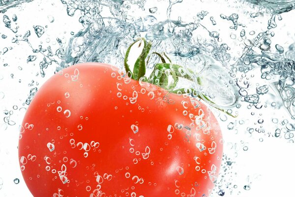 Red tomato with a splash of water