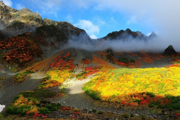 Autumn nature in the mountains with clouds