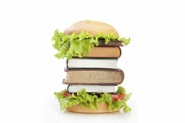 Gambkrger di libri con insalata e panino in cima