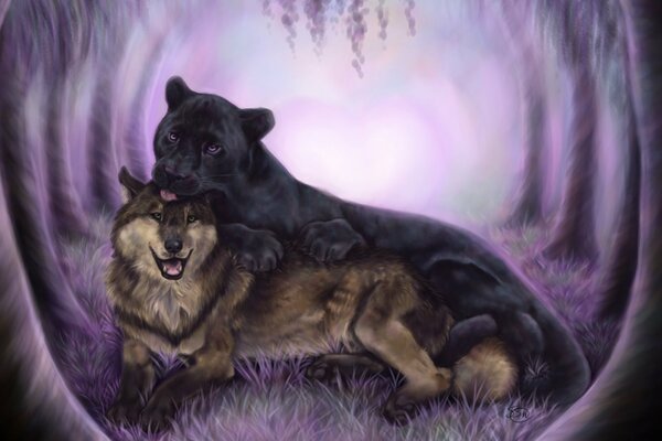 Art image of friendship of a wolf and a panther