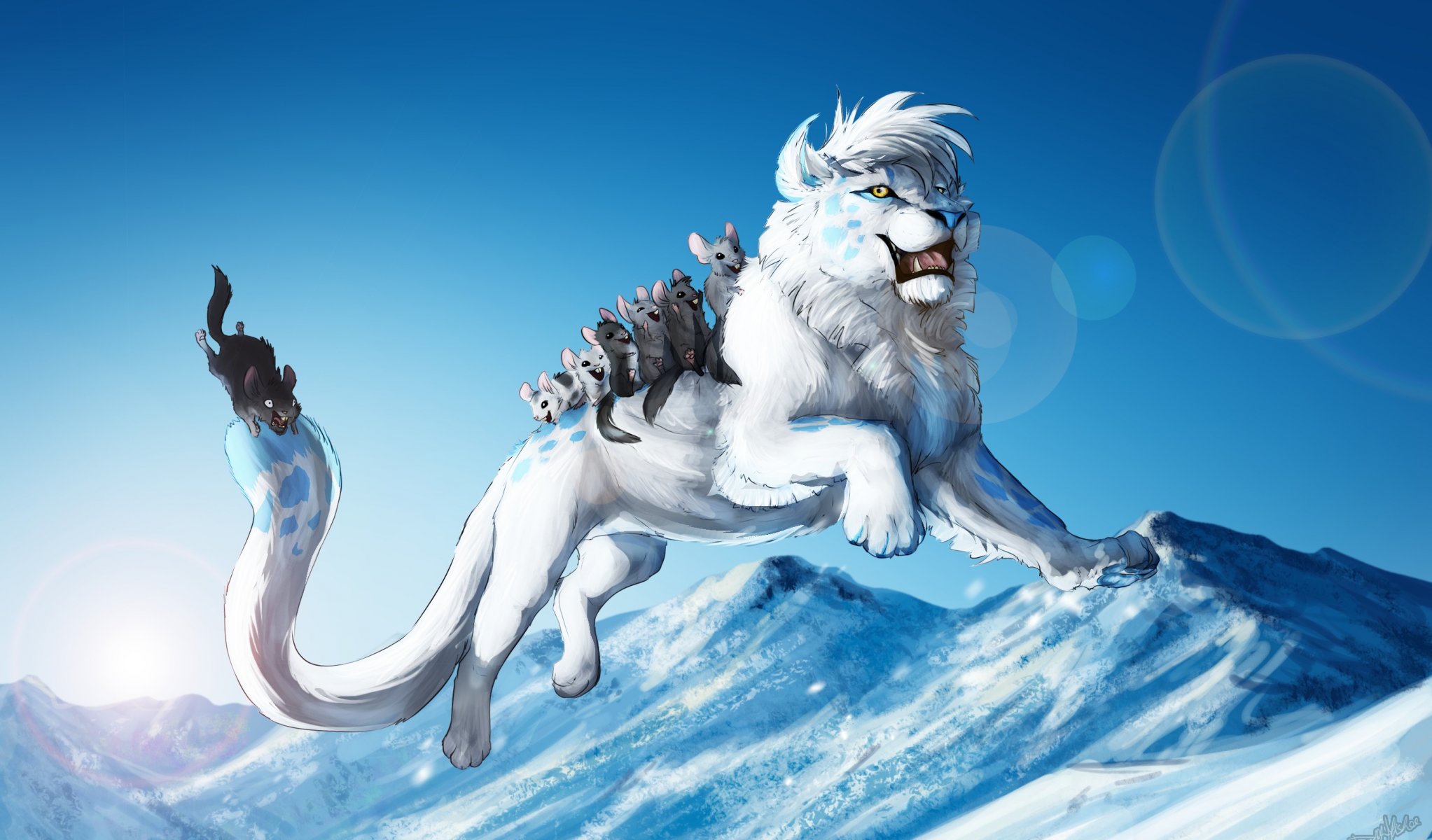 animaux lion blanc jeux amusement saut hiver neige froid art