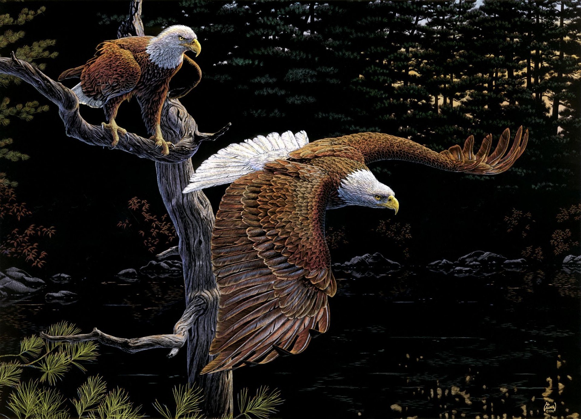 al agnew eagles birds tree forest art