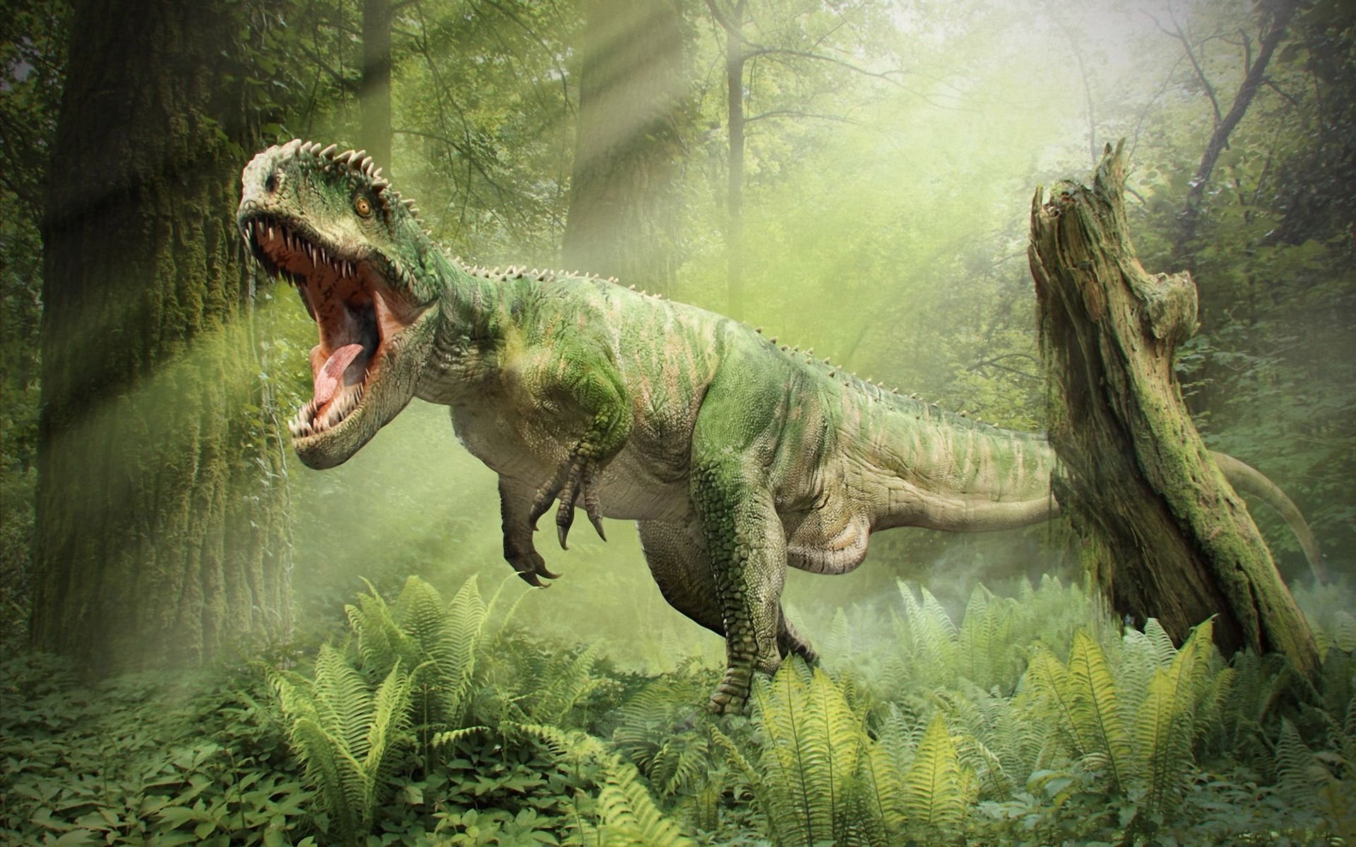 tyrannosaurus dinosauro t-rex ruggito bocca foresta