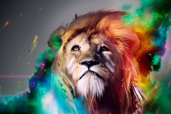 Lion. drawing of a lion. rainbow lion. the warrior s gaze