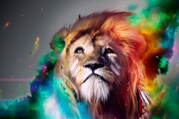 Lev. disegno del leone. Leone arcobaleno. vista del guerriero