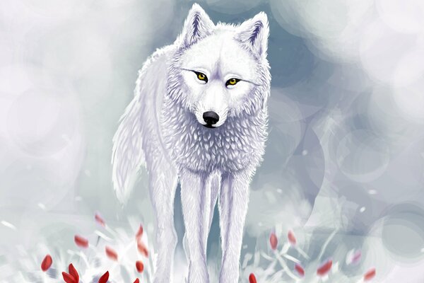 Red flowers at the feet of a white wolf in winter