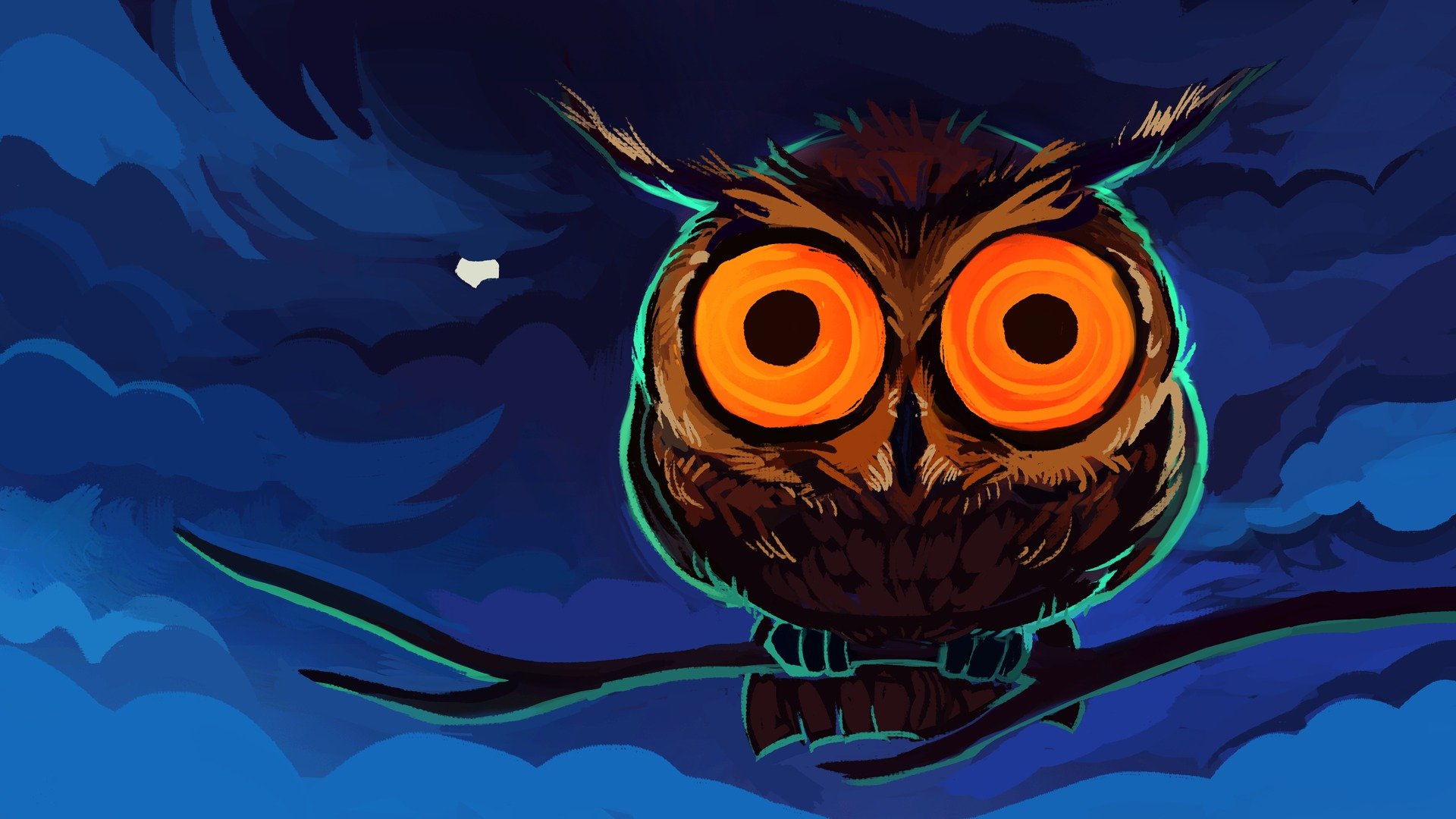 picture owl eyes branch clouds moon orange blue brown