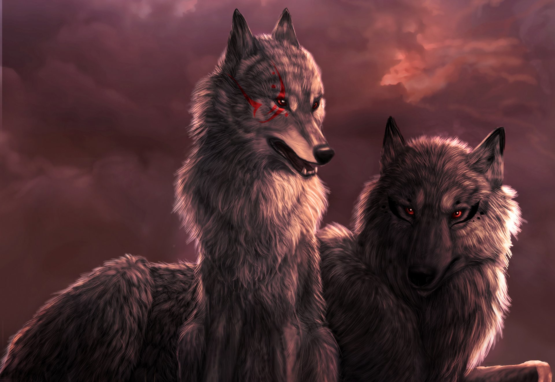 arte dark_sheyn lobo loba puesta de sol nubes