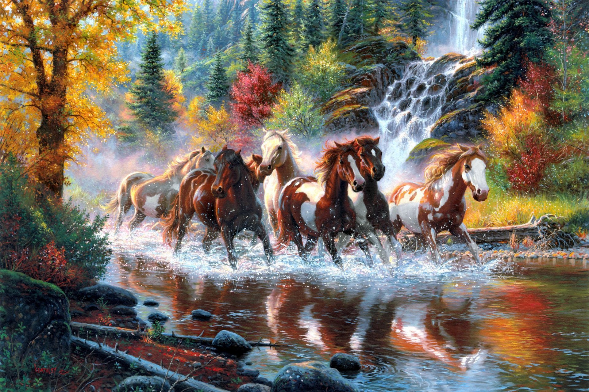 mark kitley caballos caballos manada río cascada bosque otoño árboles arte