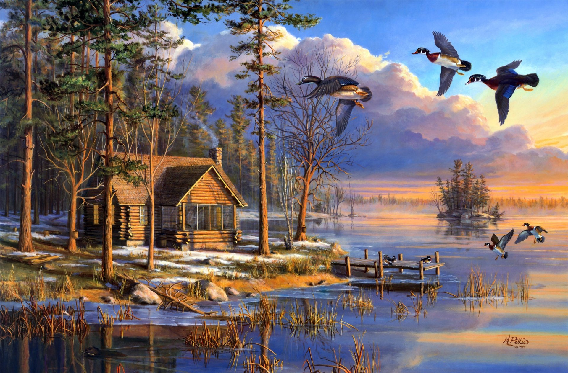 pring arrival maria pettis painting spring ducks fly forest lake house