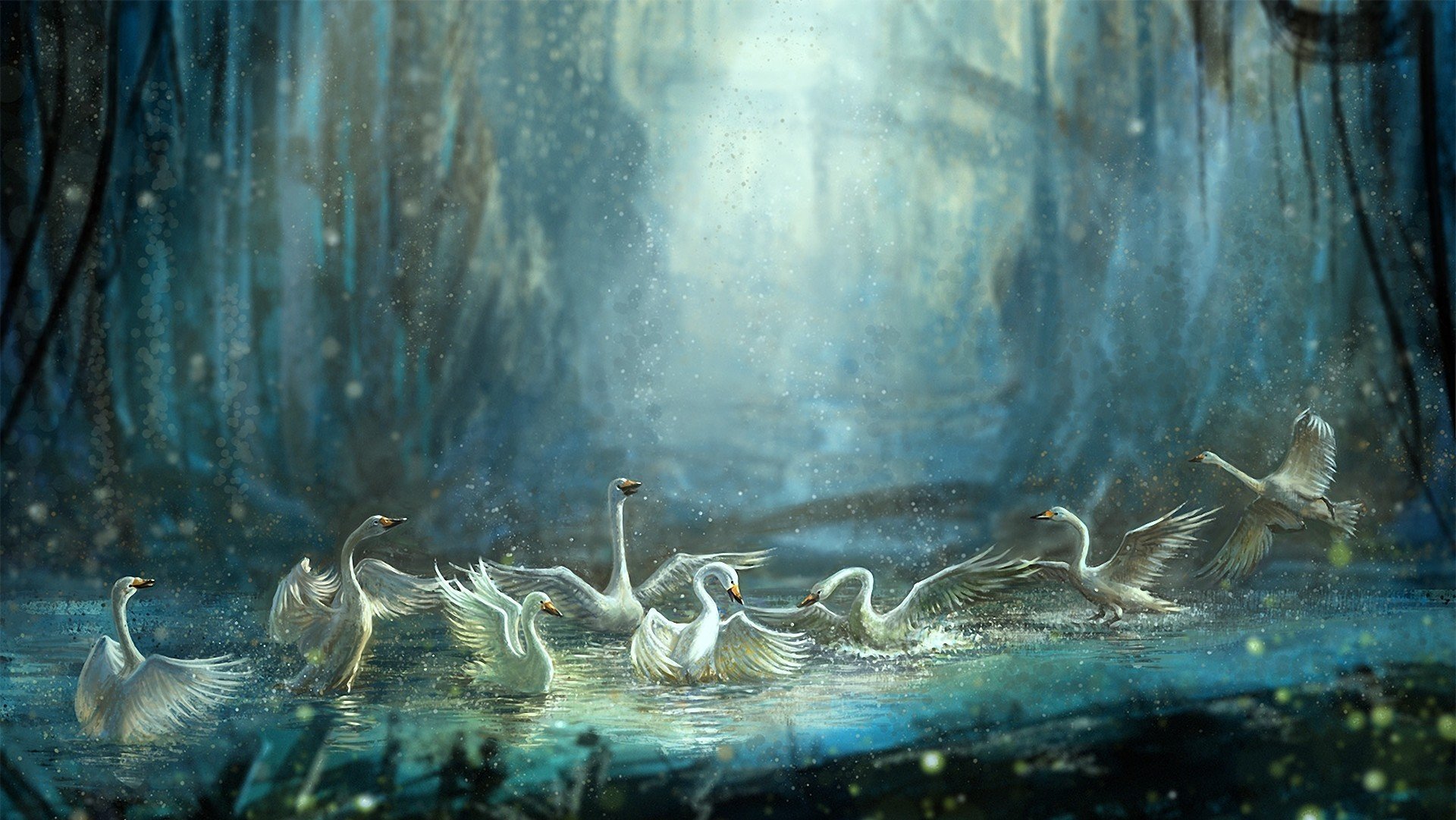 kunst jiang zhi schwäne vögel teich wasser baden spritzen wald