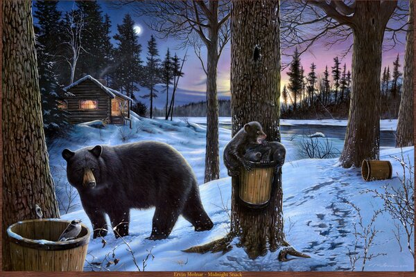 Медведица у избушки. Зимняя ночь в лесу