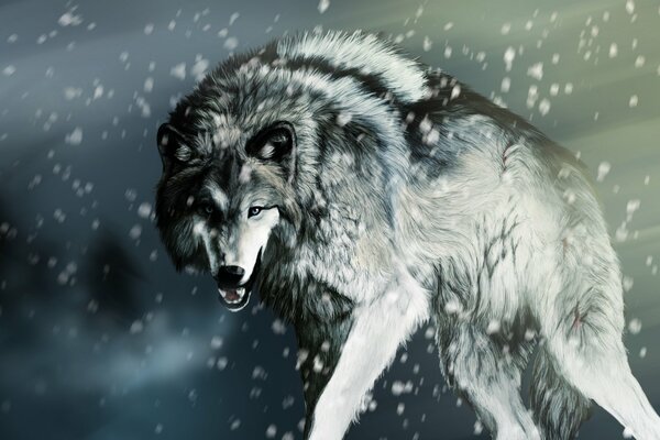 Wolf jumping in the snow rendering