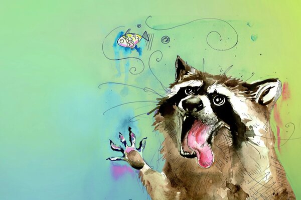 A crazed raccoon is fishing