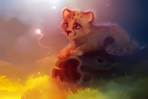 Dessin animé bébé guépard se trouve sur une bûche