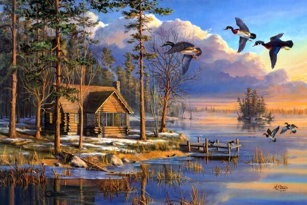 Spring view of nature with a river, a house and flying ducks