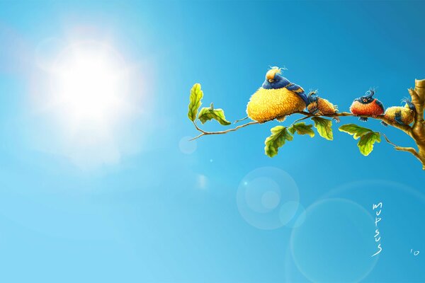 Bright sun in a clear sky. A branch on which a bird with chicks is sitting