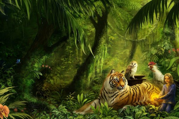 Drawing of a girl with a tiger in the jungle