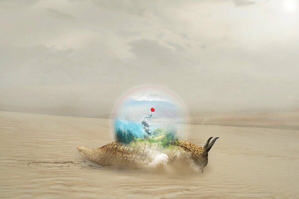 A ball on the back of a snail in the sand
