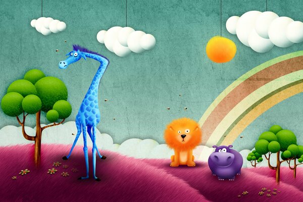 Cartoon giraffe, hippo and lion admire the rainbow