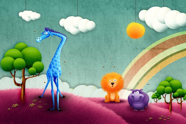 Girafe de dessin animé, hippopotame et Lion admirant l arc-en-ciel