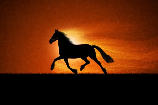 Zeichnung eines Pferdes auf Sonnenuntergang Hintergrund