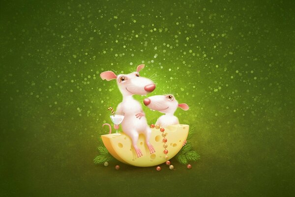 Mice with cheese on a green background