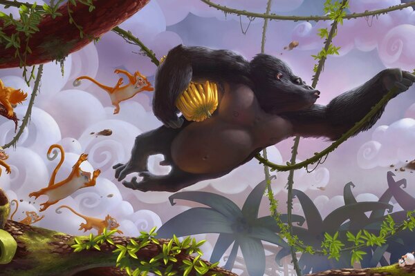 Gorilla with bananas on a vine