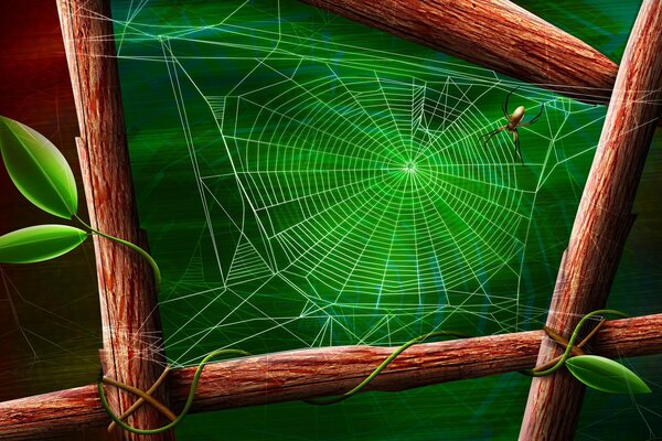 A spider weaves a web in green leaves