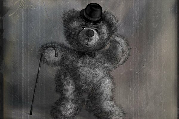 Vintage drawing of Teddy bear in a bowler hat with a cane