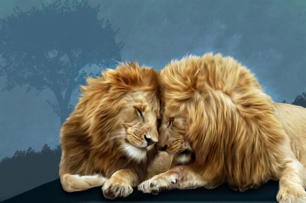 Creado con la ayuda de Photoshop imagen, sobre el amor fraternal de los leones