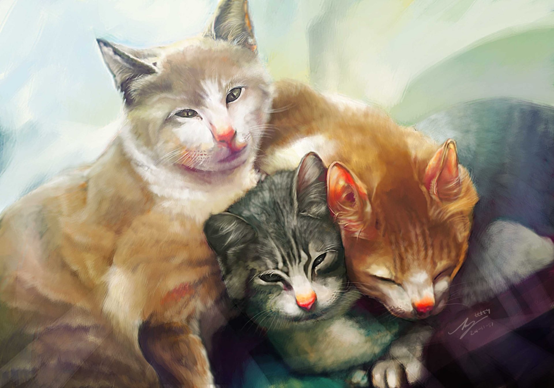 art peinture chats trois trois kote