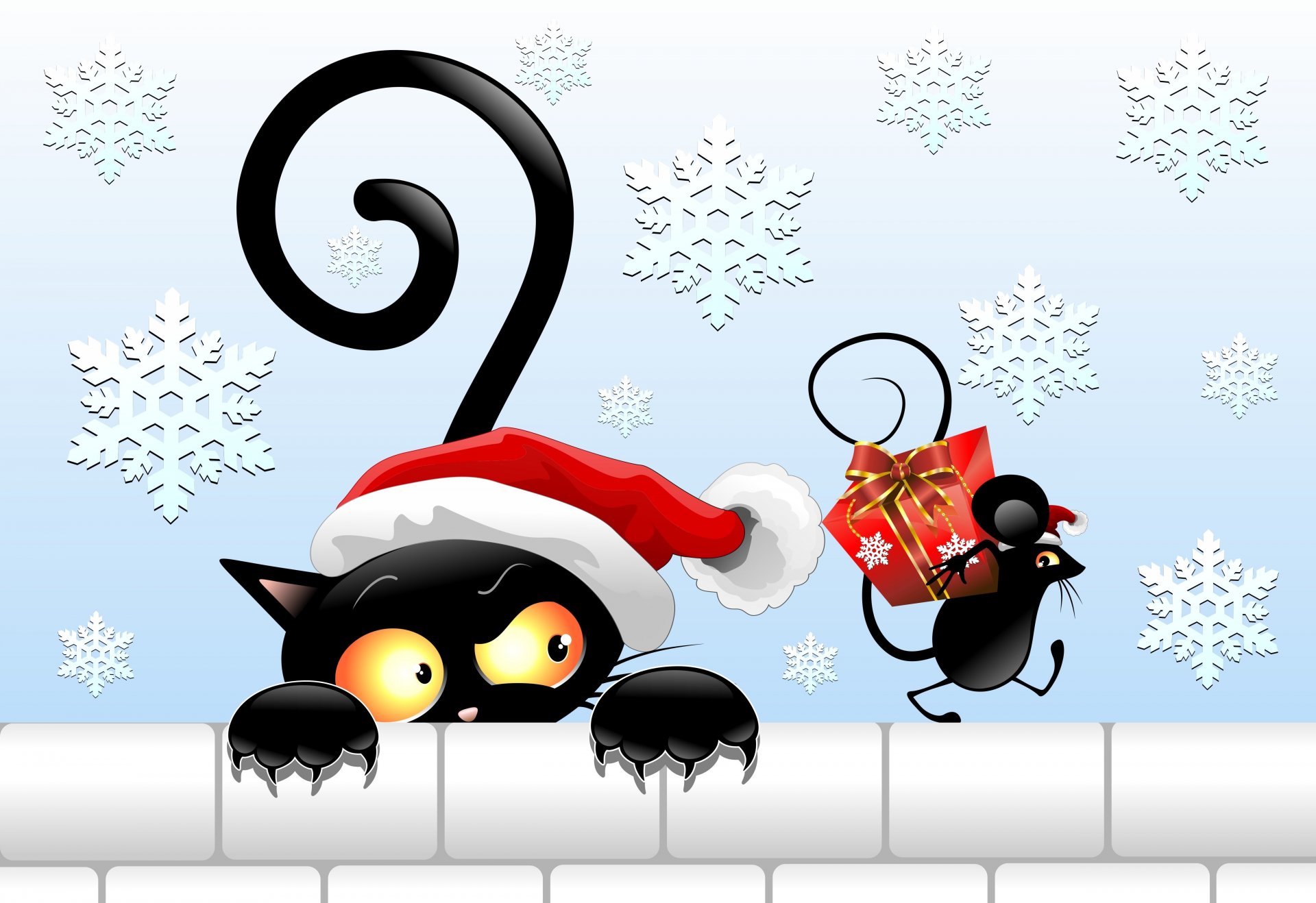 black cat hat new year view tail mouse present vector