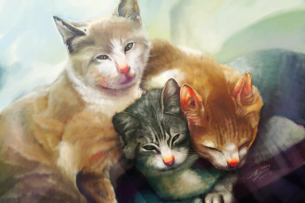 A picture with three cats with red noses