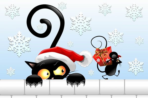 Vector picture, black cat in a red hat and a mouse with a gift, New Year s image