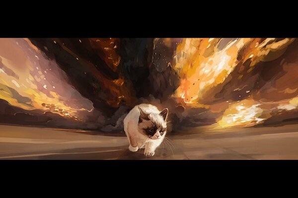 A sullen cat on the background of an explosion