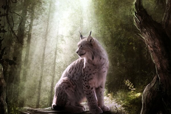 Lynx dans la forêt dans le reflet du soleil à travers la cime des arbres