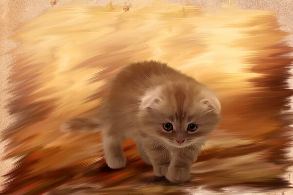 Pintura de un pequeño gatito peludo