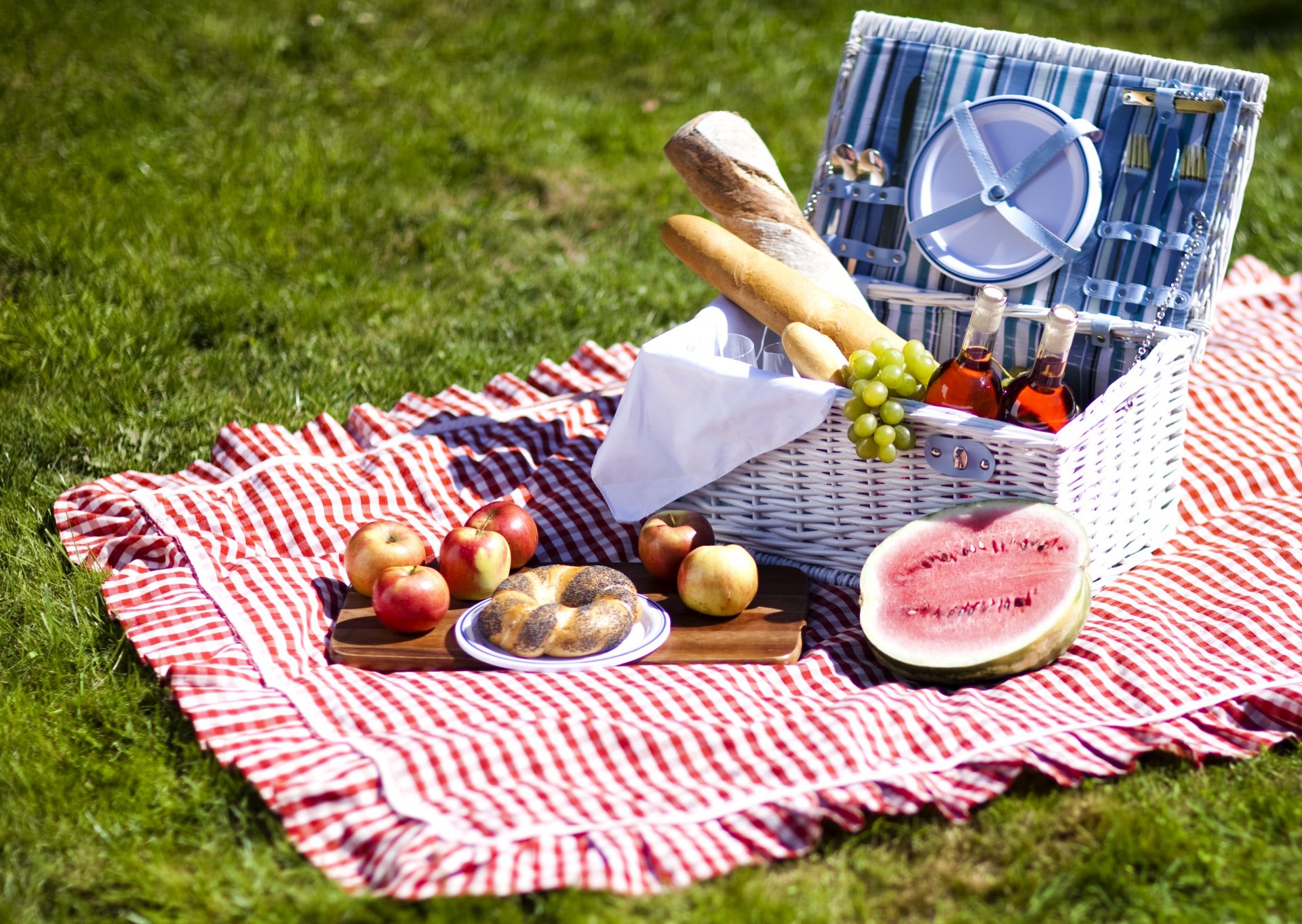 picnic comida fruta manzanas sandía uvas pan panes vino