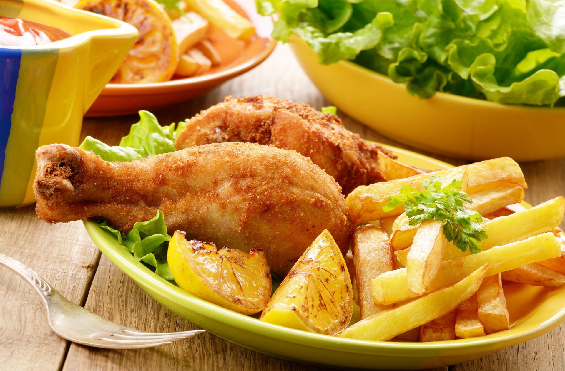 food chicken chicken leg potato potato lettuce lemon fork wallpaper widescreen fullscreen widescreen background widescreen