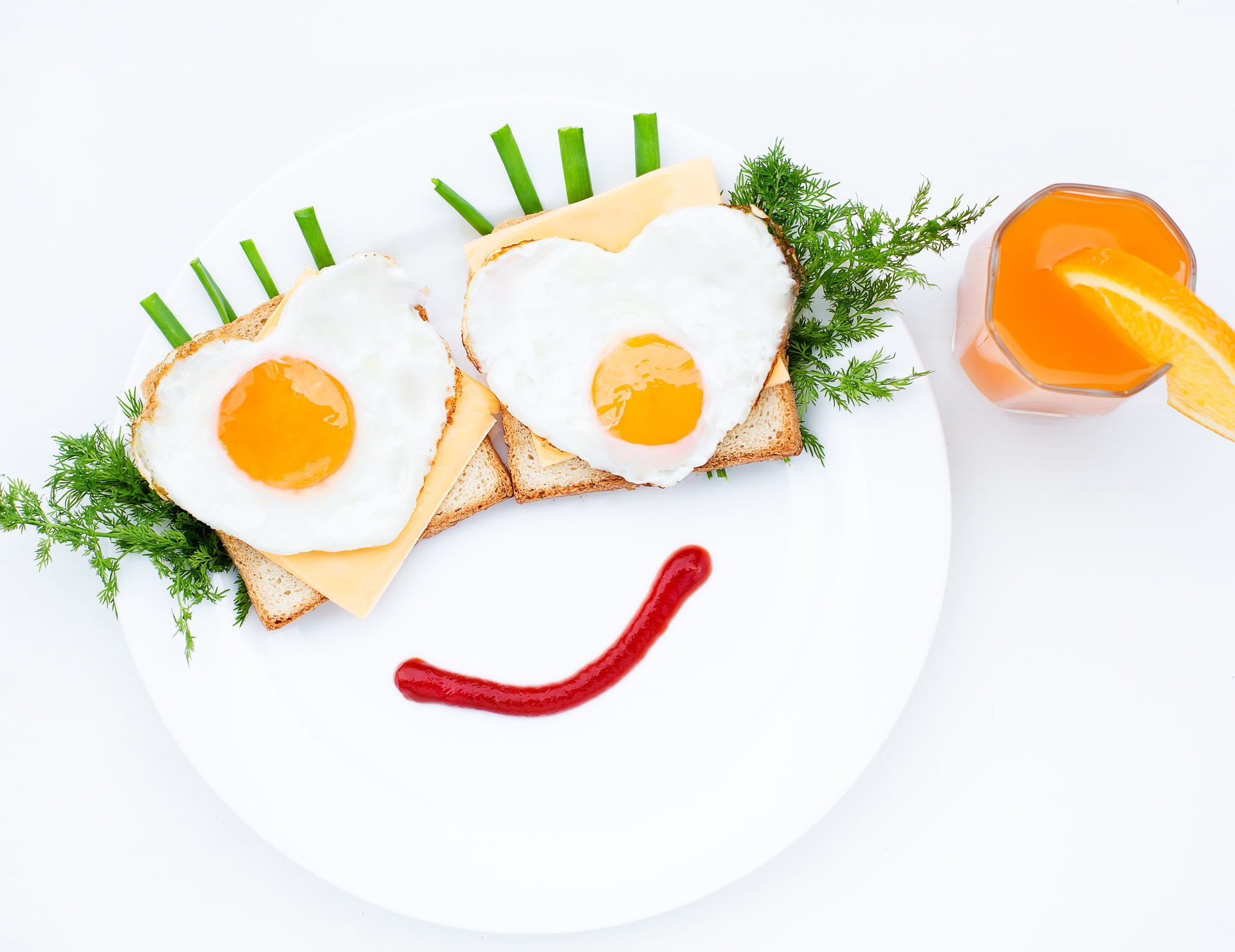 dish food breakfast creative bread dill green onions eggs glass juice