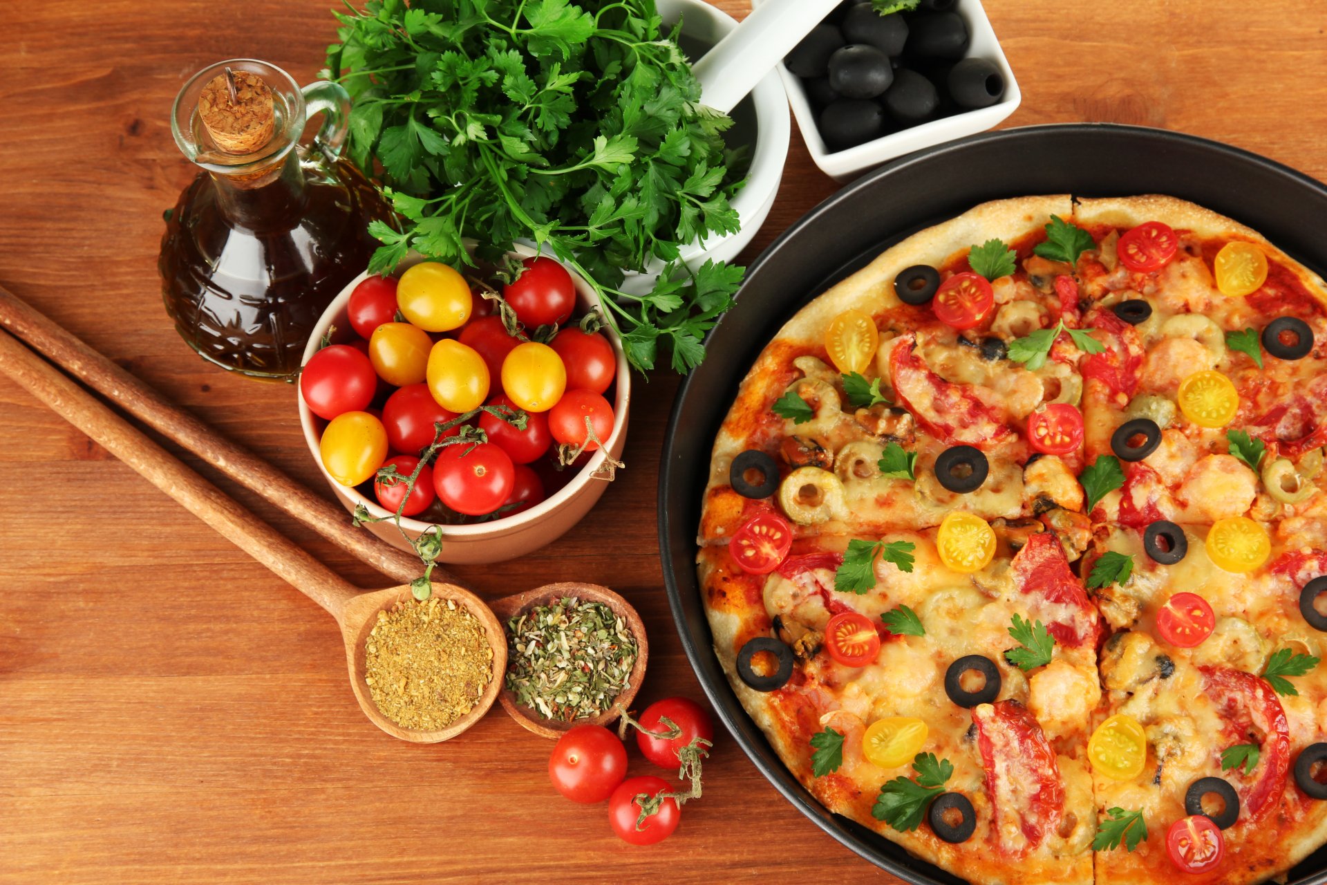 pizza food dish tomatoes olives olives parsley cheese bowls spice