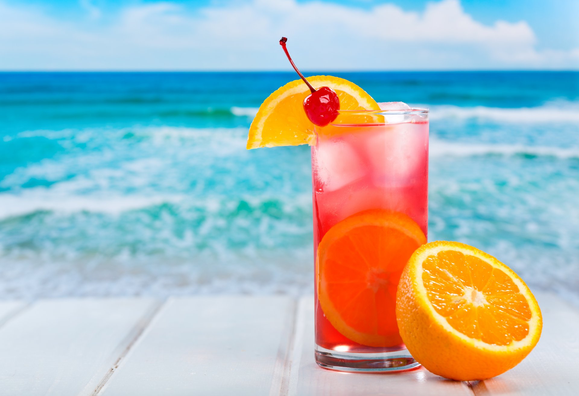 cocktail orange zitrusfrucht eis kirsche trinken hintergrund sommer meer